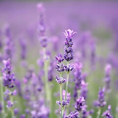 Obraz premium Close up of lavender flowers in a field on a green background