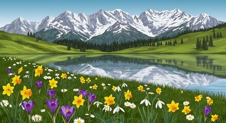 Fototapeta premium Lakeside Meadow with Spring Flowers and Snow-capped Mountain Peaks