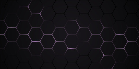 Black Hexagonal Abstract Background with Subtle Glow. Dark Futuristic Honeycomb Pattern with Metallic Effect. Vector. Hexagon. 