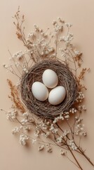 White eggs nestled in natural nest