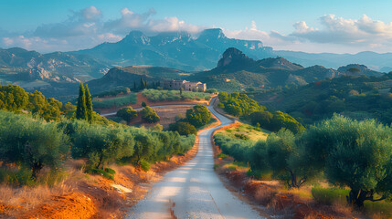 Scenic winding road through olive groves leading to a distant mountain village at sunset
