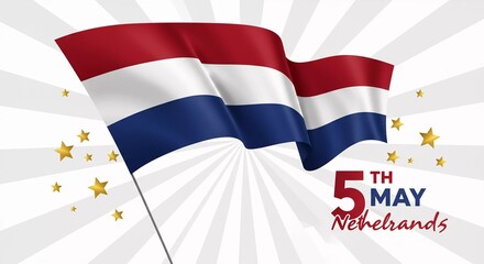 Trendy Happy 5th of May Netherlands independence day celebration design with stars on modern red & blue grunge brush background with the star.