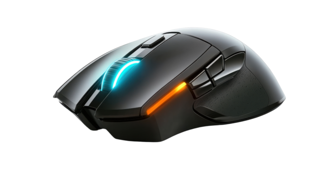 High-Tech Gaming Mouse: Sleek, ergonomic design of a high-performance gaming mouse, showcasing precision and technological innovation.