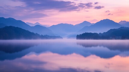 Fototapeta premium Serene View of Misty Mountains Reflecting in Lake Waters - Nature Landscape Photography