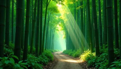 Naklejka premium Dense bamboo grove, deep shadows, vibrant greens , background, environment