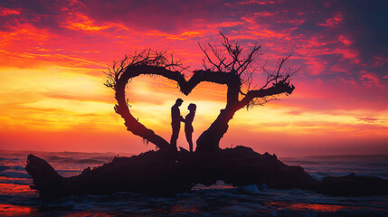 Silhouette of man and woman under the trunk of a tree which has grown into the shape of a love heart. Pink and yellow sunset