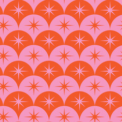 Pink and orange mid century retro starbursts on ogee scallop shapes seamless pattern. For home décor, wallpaper and fabric