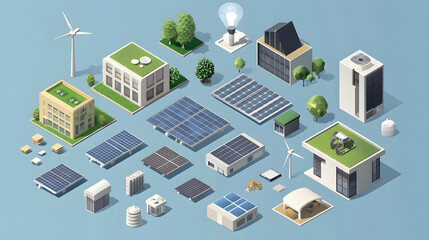 Obraz premium Icon set for eco-architecture and energy efficiency, with symbols for solar panels, green roofs, wind turbines, and smart buildings.