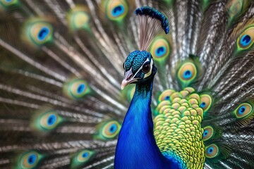 Obraz premium A brilliantly colorful peacock displaying its iridescent plumage in full glory. Concept of natural splendor.