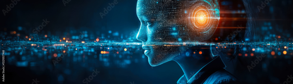 Poster futuristic artificial intelligence concept with digital brain interface and data visualization surro