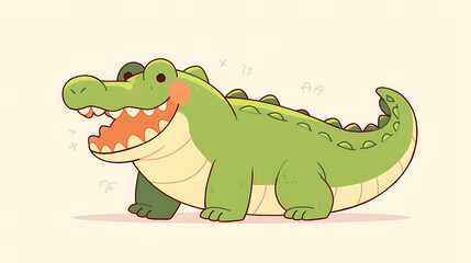 Obraz premium Cute cartoon crocodile character smiling joyfully, set against a simple light background, ideal for children's media