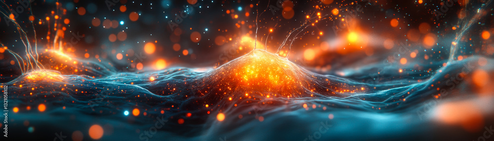 Poster digital visualization of neural network connections with glowing synapses and abstract neural pathwa