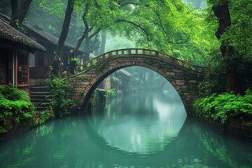 Tranquil Canal Bridge in Lush Green Forest with Traditional Chinese Architecture