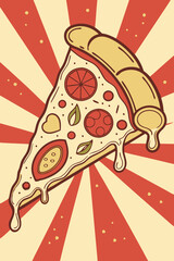 Retro pop art style vector illustration of a cheesy pizza slice with colorful toppings on radial burst background

