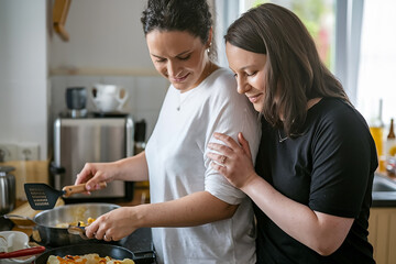 Close up of a lesbian couple preparing breakfast together, sharing a warm and intimate moment in the kitchen. A scene capturing love, togetherness, and everyday life in a cozy home setting.