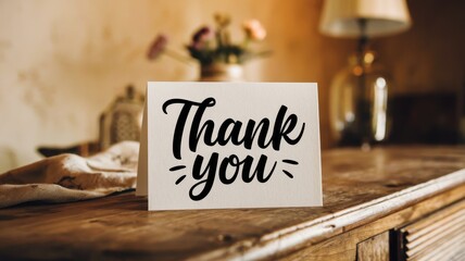A heartfelt Thank You note on a rustic wooden table, expressing gratitude in a cozy, vintage-style interior.