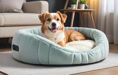 Luxurious smart pet bed with built-in heating and cooling system, cute dog cozily curled up inside, soft plush fabric, modern home setting, high-tech pet gadgets and accessoires concept