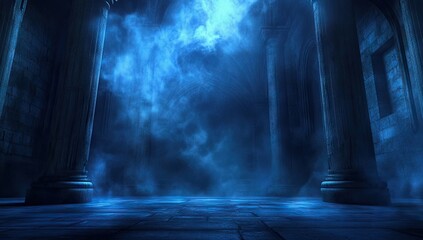 Mysterious, blue-lit ancient ruins. Pillars, stone floor, ethereal fog