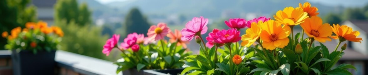 Fototapeta premium colorful flowers blooming in a planter on the rooftop, garden, flowers, calm