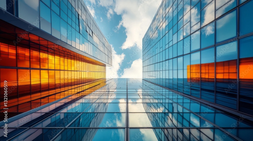 Aufkleber looking upward, glassy skyscrapers rise dramatically against a backdrop of bright blue sky and float
