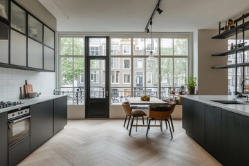 Fototapeta premium Modern European Kitchen with City View Dining Area