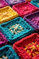 Vibrant crocheted plaid squares, multicolored yarn , bright colors, handmade, plaid pattern