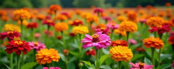 Fototapeta premium Colorful mix of zinnias and marigolds in a garden bed, field, landscape, nature