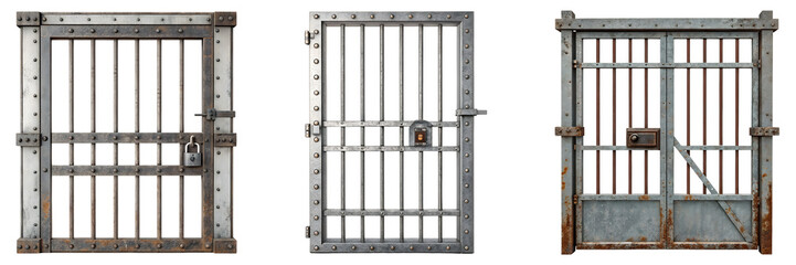 Three Metal Barred Gates with Locks on a white Or Transparent Background, png