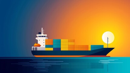 Fototapeta premium Eco-Friendly Cargo Ship Illustration for Sustainable Global Trade with Copy Space - Flat Design Concept