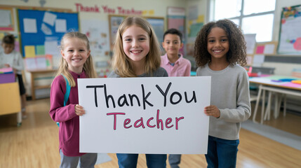 Happy school children holding a "Thank You Teacher" sign