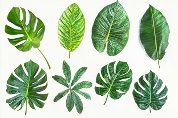 Collection of tropical green leaves isolated on white background