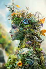 Side portrait of Mother Nature entwined with flowers.