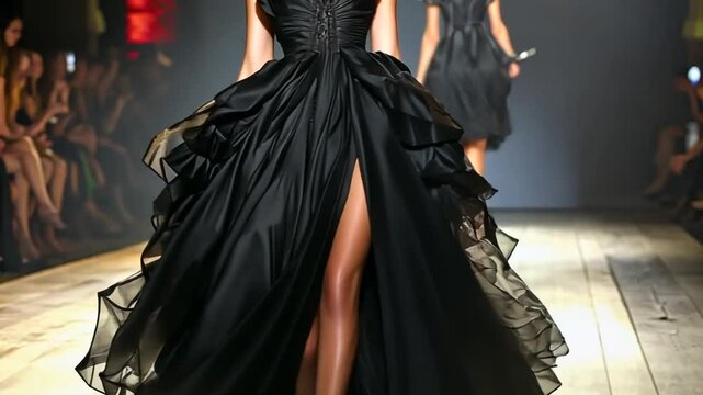 Elegant black dress presentation during a fashion show on the runway, glamour shot
