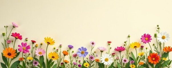 Colorful wildflowers scattered on beige canvas, wildflowers, empty space, scenery