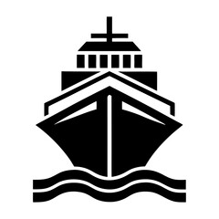 Simple black silhouette of a cargo ship at sea.