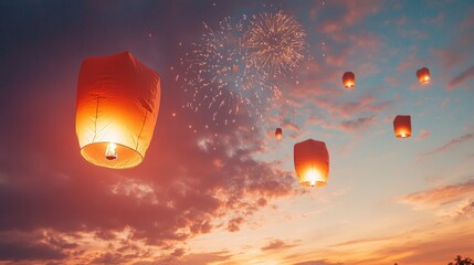 Floating Sky Lanterns and Fireworks at Sunset Celebration Event