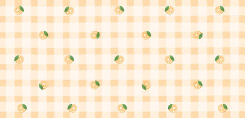 Grid pattern on pale background decorated with fruits. Oranges on checkered pattern. 