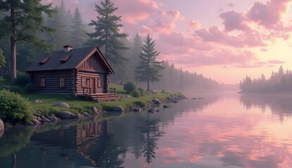 Obraz premium Secluded Log Cabin by a Serene Lake: A rustic log cabin standing by a calm lake, reflecting the beautiful wooden house and surrounding trees.
