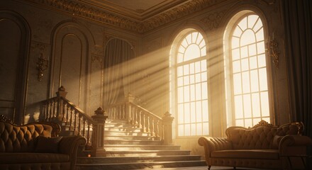 Sunlit grand staircase in a palace