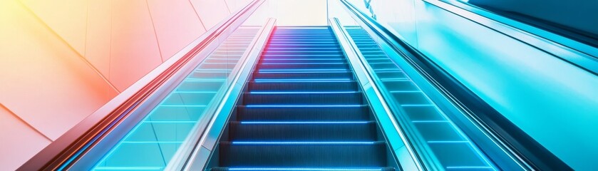 Fototapeta premium Futuristic floating stairs made of glowing glass, levitating over a neon-lit cyberpunk cityscape