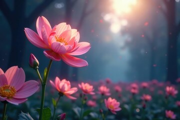 Naklejka premium Ethereal flower blooms radiating an otherworldly light, luminous, serenity, landscape