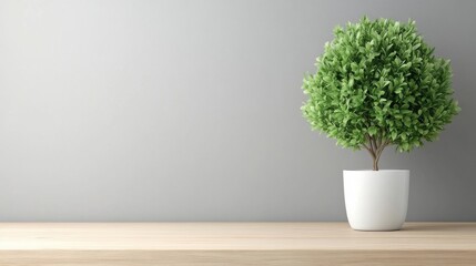 A small potted tree sits on a wooden table against a plain gray wall, adding a touch of greenery to the minimalistic decor.