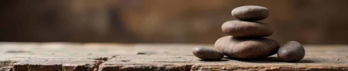 Smooth brown basalt stones piled on rustic wood , stacked stones, serenity