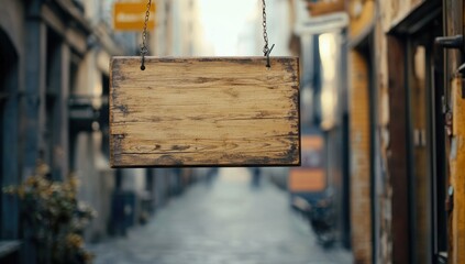 Empty wooden sign hanging in a city alleyway