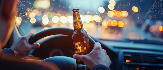 Hands of an intoxicated driver holding a beer bottle close up on the steering wheel