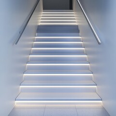 Fototapeta premium Minimalist floating concrete staircase in a misty forest, modern surreal architecture, ethereal ambiance