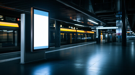 Illuminated digital billboard in a futuristic subway station