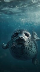 Fototapeta premium Close up of sleek grey seal swimming slow motion through open sea eyes reflecting ambient blue hues of underwater world scene bathed soft diffused light creating a stunning sense of depth and realism