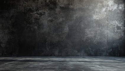 Empty, dark, concrete room.  Grungy, textured wall.  Simple, minimalist, interior