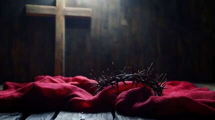 Crown of Thorns on Red Cloth with Cross Background for Easter, good friday